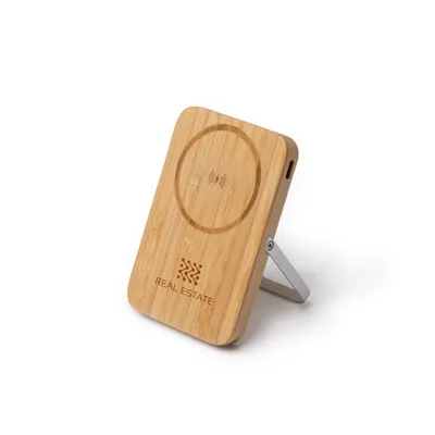 Batería externa de bambú Yokas 5000 mAh con soporte personalizable