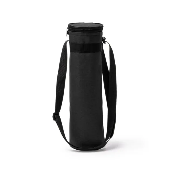 Nevera Yonek para botella de 1,5 l RPET con cinta en negro vigore de RPET 600D, vista frontal