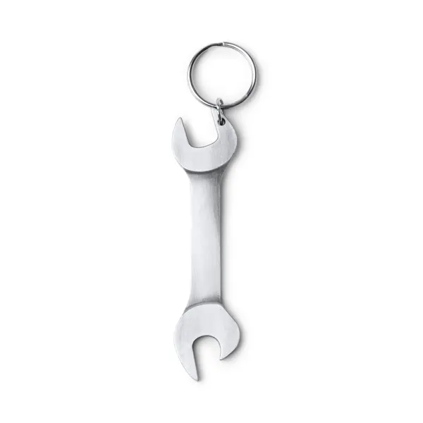 Llavero abridor metálico forma de llave inglesa Asgar en plata de metal, vista frontal