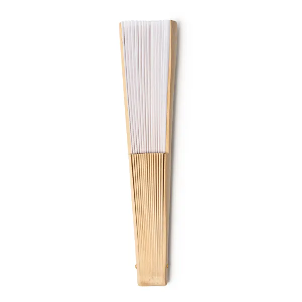 Abanico de madera y tela RPET Milos en blanco de madera y RPET, vista frontal