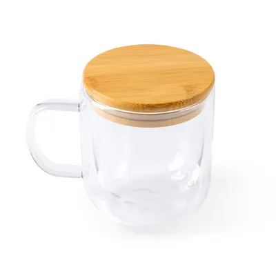 Taza de cristal Indal doble pared con tapa de bambú 280 ml personalizable