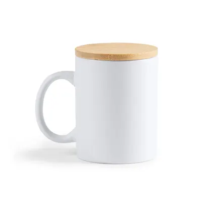 Taza de cerámica mate Berry con tapa de bambú 370 ml personalizable