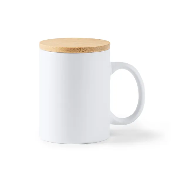 Taza de cerámica mate Berry con tapa de bambú 370 ml en blanco de cerámica y bambú, vista frontal