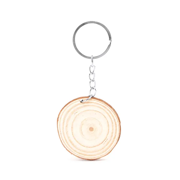 Llavero de madera natural Budan circular u ovalado en redondo de madera y metal, vista frontal