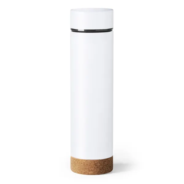 Termo de acero Tayox doble pared con infusor 460 ml en blanco de acero inoxidable y corcho, vista frontal