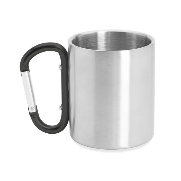 Taza de acero Guaya doble pared con mosquetón 230 ml en negro de acero inoxidable, vista frontal