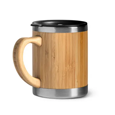 Taza acero doble pared exterior de bambú 340 ml personalizable