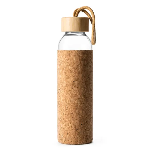 Botella de cristal Lawas 500 ml con funda de corcho en crudo de crista, corcho y bambú, vista frontal