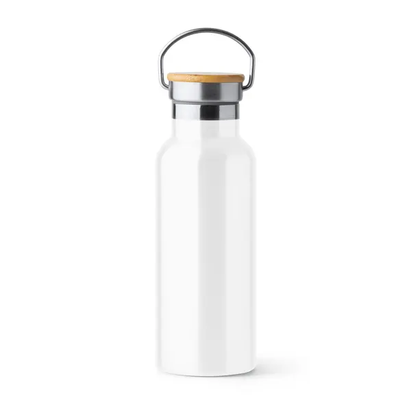 Bidón térmico de acero Tiset 500 ml tapa bambú asa plegable en blanco de acero inoxidable 304, vista frontal
