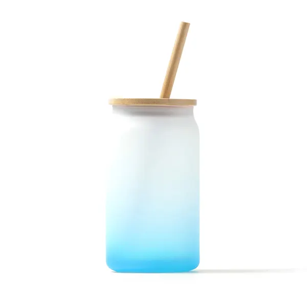 Vaso de cristal Dalby degradado con tapa y pajita de bambú en royal de cristal borosilicato, vista frontal