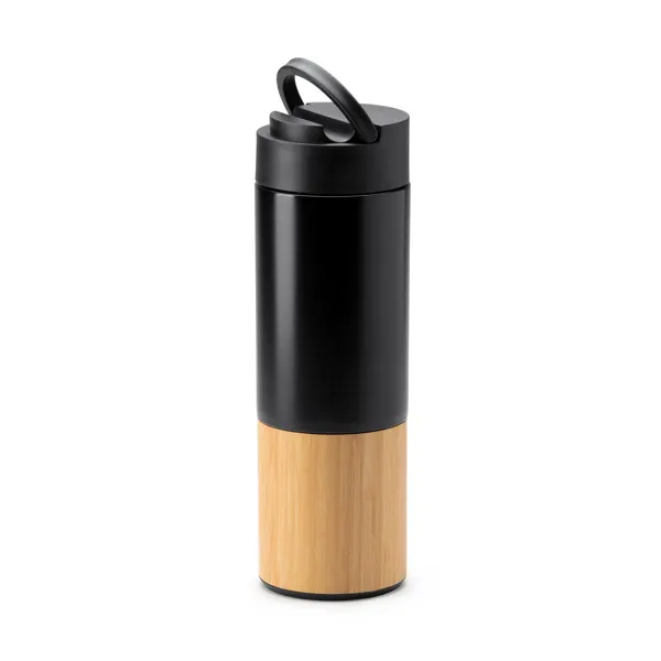 Bidón térmico de acero inoxidable bambú Coiba 450 ml en negro de acero inoxidable 304, vista frontal