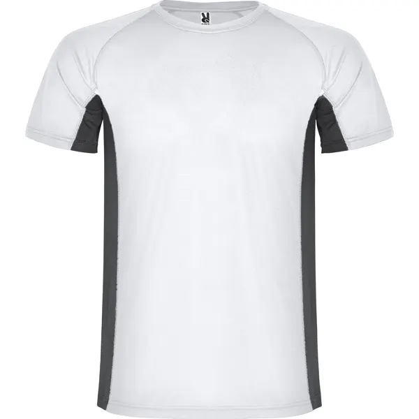 Camiseta técnica bicolor Shanghai con paneles mesh 140 g en blanco/plomo oscuro de tejido principal: 100% poliéster, bird's eye, vista frontal