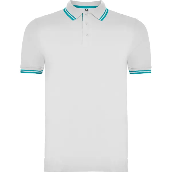 Polo de algodón peinado Montreal 230 g cuello a contraste en blanco/turquesa de 100% algodón peinado, punto piqué, 230 g/m², vista frontal