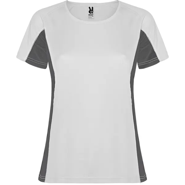Camiseta técnica bicolor Shanghai 140 g con paneles mesh mujer en blanco/plomo oscuro de tejido principal: 100% poliéster bird´s eye, vista frontal
