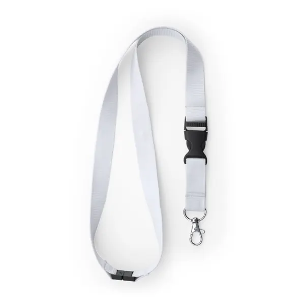 Lanyard de poliéster Guest con hebilla y cierre seguridad en blanco de poliéster, vista frontal
