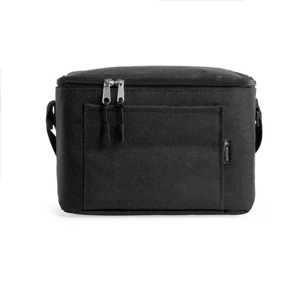 Nevera de RPET Bismar con bolsillo frontal y cinta en negro de poliéster reciclado RPET, vista frontal