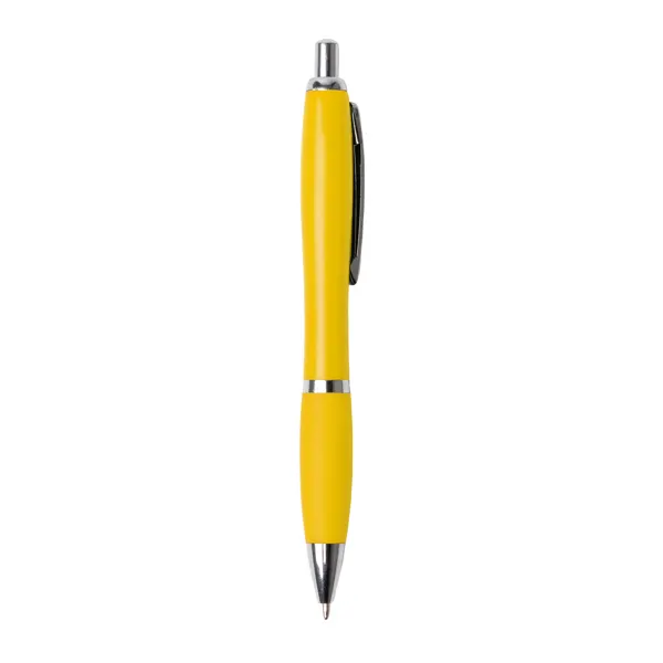 Bolígrafo de ABS Merlin pulsador agarre suave en amarillo de ABS, vista frontal