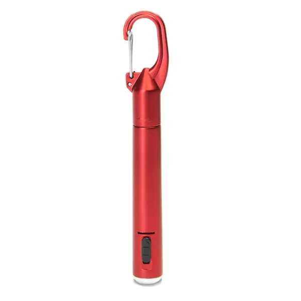 Bolígrafo Araya con linterna LED y mosquetón de plástico en rojo de plástico, vista frontal