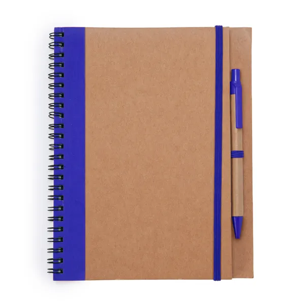Libreta espiral de cartón reciclado Alani y bolígrafo en royal de tapa de cartón reciclado, vista frontal