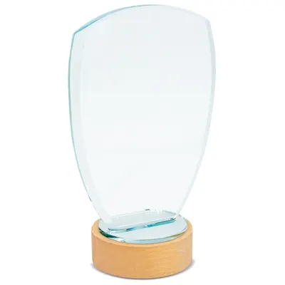 Trofeo cristal base madera 8,7 × 21 cm personalizable