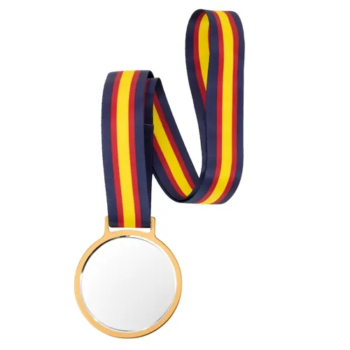 Medalla de cristal Viktor con cinta multicolor en bandera españa de poliéster, aluminio y abs, vista frontal