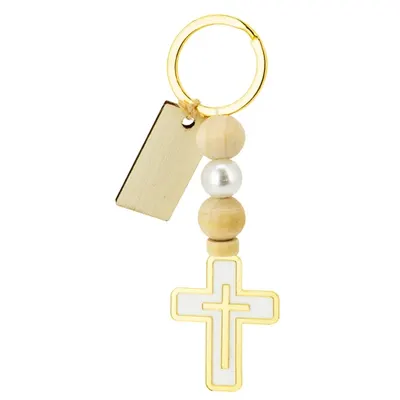 Llavero cruz de madera con chapa para grabar personalizable