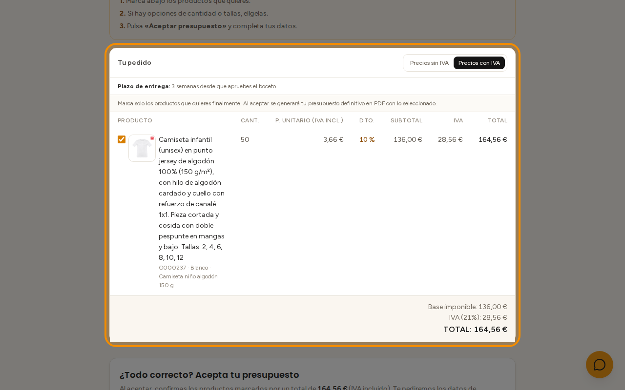 Con «Precios con IVA»: precio con IVA, subtotal, IVA y total de cada producto.